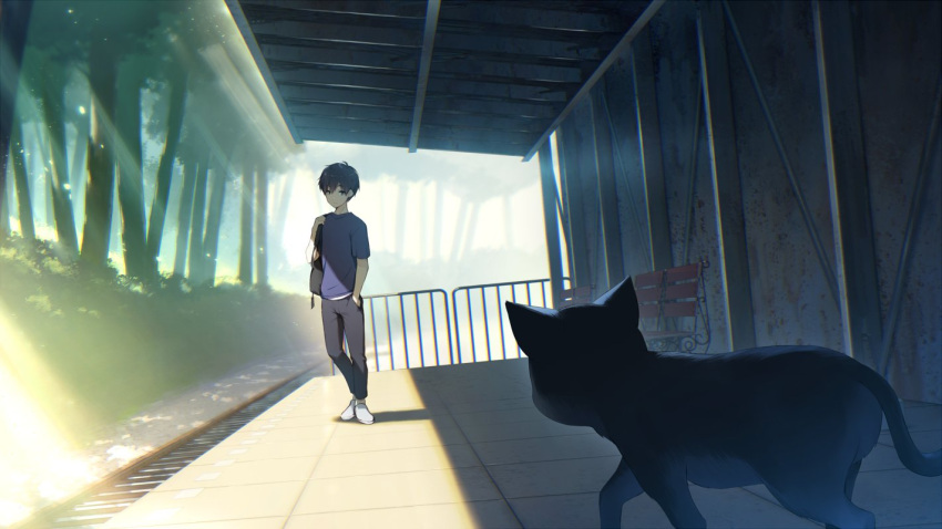 1boy animal backpack bag bench black_cat black_hair black_pants blue_shirt cat closed_mouth commentary day hand_up male_focus original outdoors pants railing railroad_tracks shiratama_(shiratamaco) shirt shoes short_sleeves solo standing train_station train_station_platform tree white_footwear