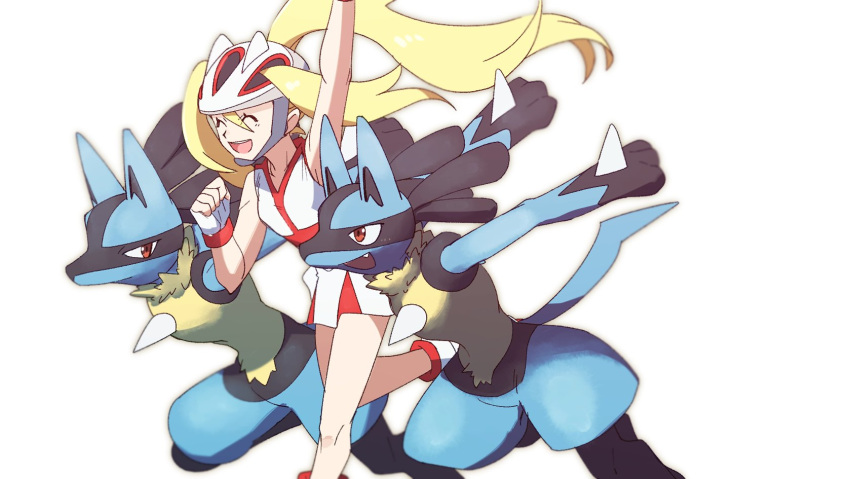 1girl arm_up bangs bicycle_helmet boots closed_eyes commentary_request dress eyelashes fingerless_gloves floating_hair gen_4_pokemon gloves gym_leader hair_between_eyes hand_up helmet highres knees korrina_(pokemon) long_hair lucario morio_(poke_orio) open_mouth pokemon pokemon_(creature) pokemon_(game) pokemon_xy ponytail short_dress simple_background sleeveless sleeveless_dress smile tongue two_side_up upper_teeth white_background white_dress white_footwear white_gloves white_headwear |d