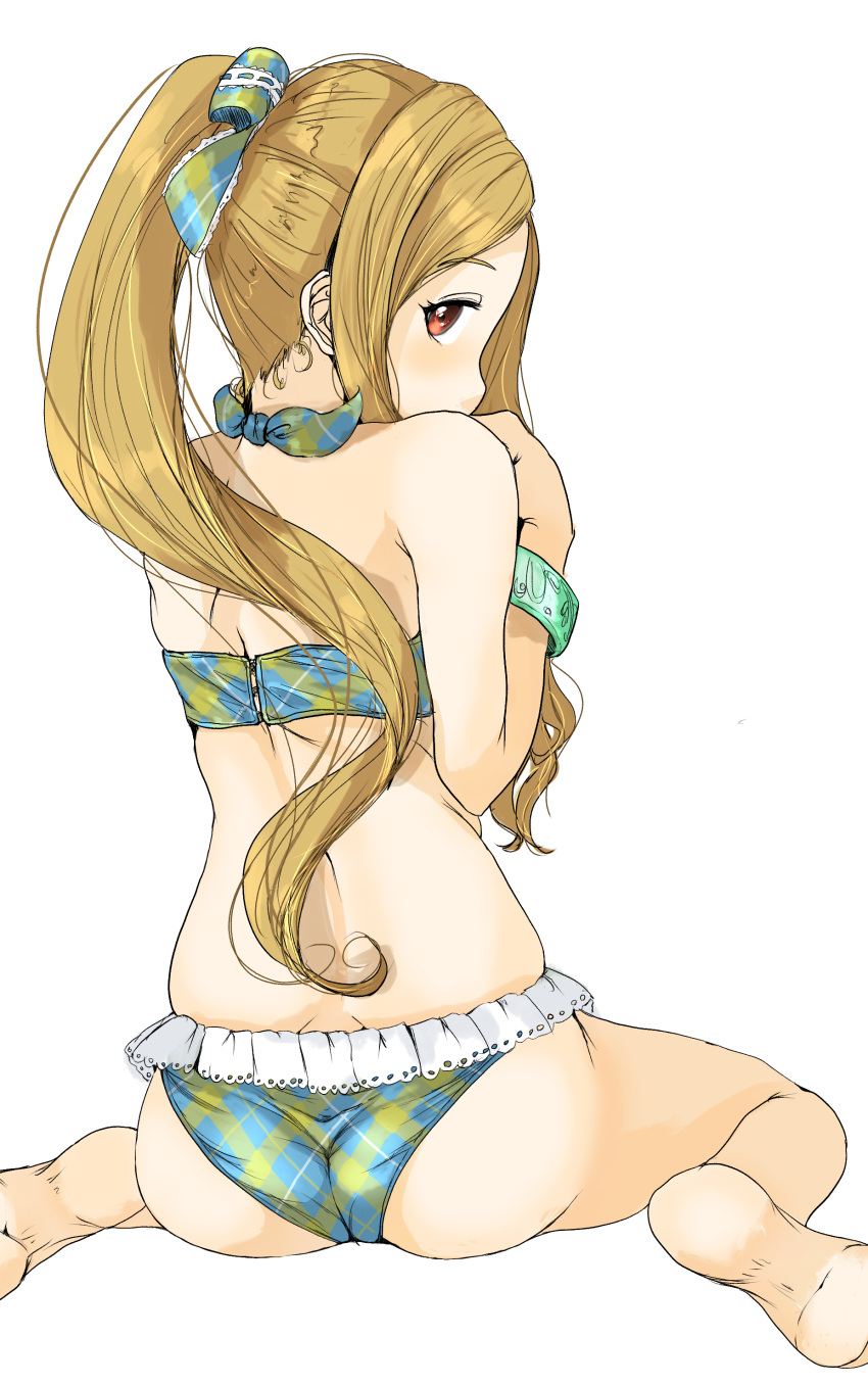 1girl absurdres armband ass barefoot blonde_hair blush bow eyebrows_visible_through_hair frilled_bikini_bottom from_behind gatsby_ssl hair_bow highres idolmaster idolmaster_cinderella_girls long_hair mochizuki_hijiri ponytail red_eyes simple_background sitting solo wariza white_background