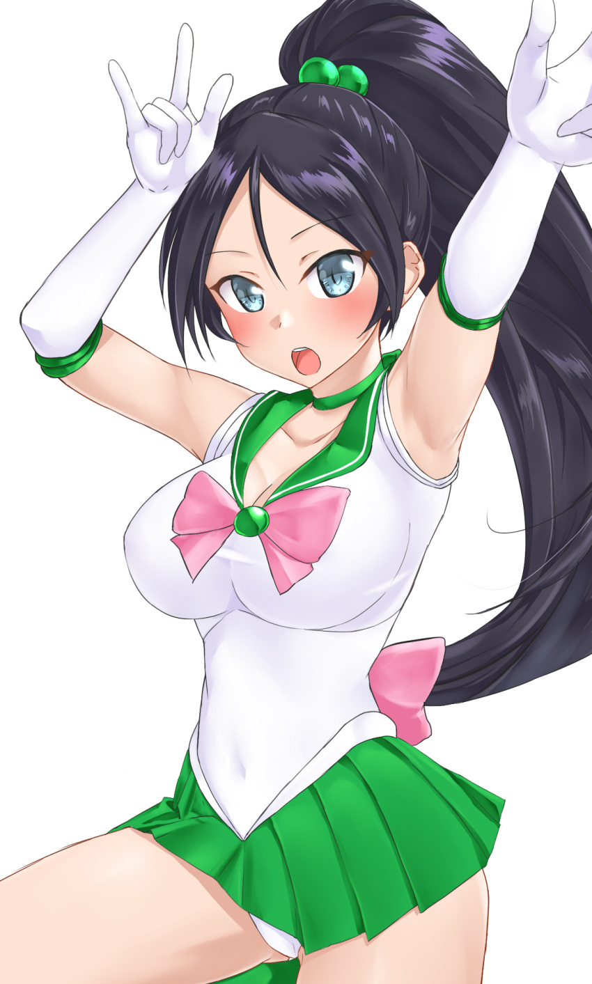 1girl aimobake arms_up back_bow bad_id bad_twitter_id bangs black_hair blue_eyes bow breasts choker commentary_request cosplay covered_navel cowboy_shot gloves green_choker green_sailor_collar green_skirt hair_bobbles hair_ornament highres idolmaster idolmaster_cinderella_girls large_breasts leotard long_hair looking_at_viewer miniskirt open_mouth pink_bow pleated_skirt ponytail pose sailor_collar sailor_jupiter sailor_jupiter_(cosplay) sailor_senshi_uniform simple_background skirt sleeveless solo standing sugisaka_umi swept_bangs w white_background white_gloves white_leotard