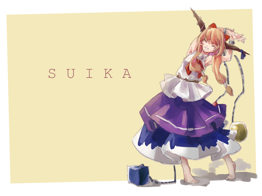 1girl bare_shoulders barefoot blonde_hair blue_dress blush bow chain character_name closed_eyes dress full_body hair_bow happy highres horns ibuki_suika long_hair nishiuri one-hour_drawing_challenge open_mouth purple_dress red_bow red_neckwear shirt simple_background sleeveless solo standing touhou white_shirt