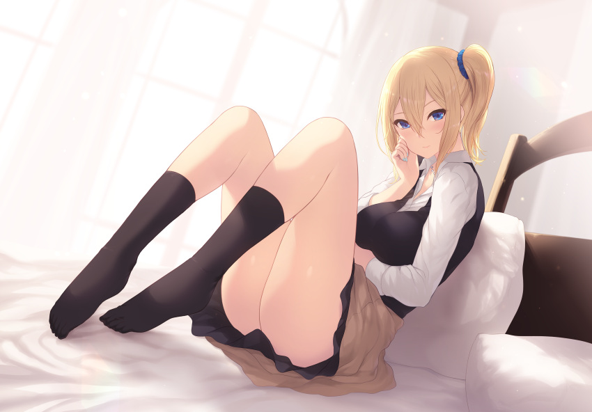 bed blush cait hayasaka_ai kaguya-sama_wa_kokurasetai_~tensai-tachi_no_renai_zunousen~ kneehighs long_hair ponytail skirt