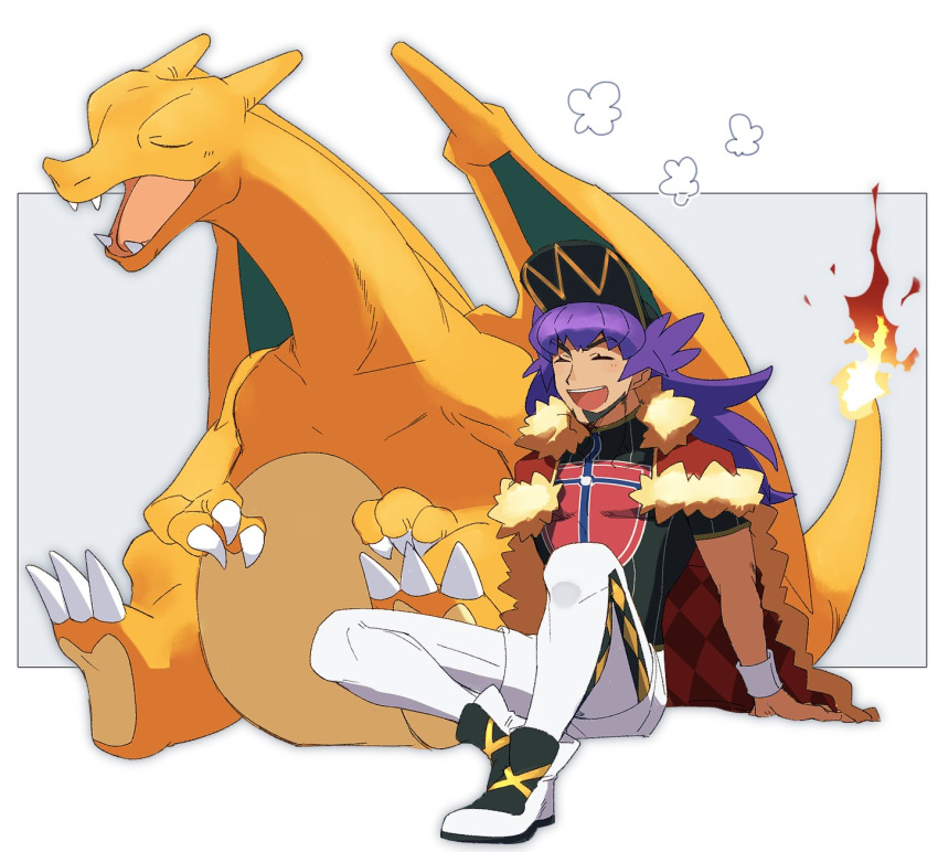 1boy argyle bangs baseball_cap blush cape champion_uniform charizard closed_eyes dark-skinned_male dark_skin eyelashes facial_hair fire flame fur-trimmed_cape fur_trim gen_1_pokemon hat highres leggings leon_(pokemon) long_hair male_focus morio_(poke_orio) open_mouth pokemon pokemon_(creature) pokemon_(game) pokemon_swsh purple_hair red_cape shield_print shirt shoes short_shorts short_sleeves shorts sitting smile sword_print tongue upper_teeth white_legwear white_shorts |d