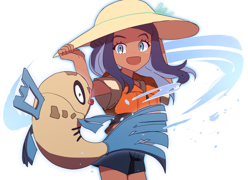 1girl :d black_hair eyelashes feebas floating_hair gen_3_pokemon green_eyes hand_on_headwear hands_up hat long_hair looking_at_viewer morio_(poke_orio) nessa_(pokemon) open_mouth orange_vest pokemon pokemon:_twilight_wings pokemon_(creature) shirt short_sleeves shorts sidelocks smile solo t-shirt vest water water_drop yellow_headwear younger