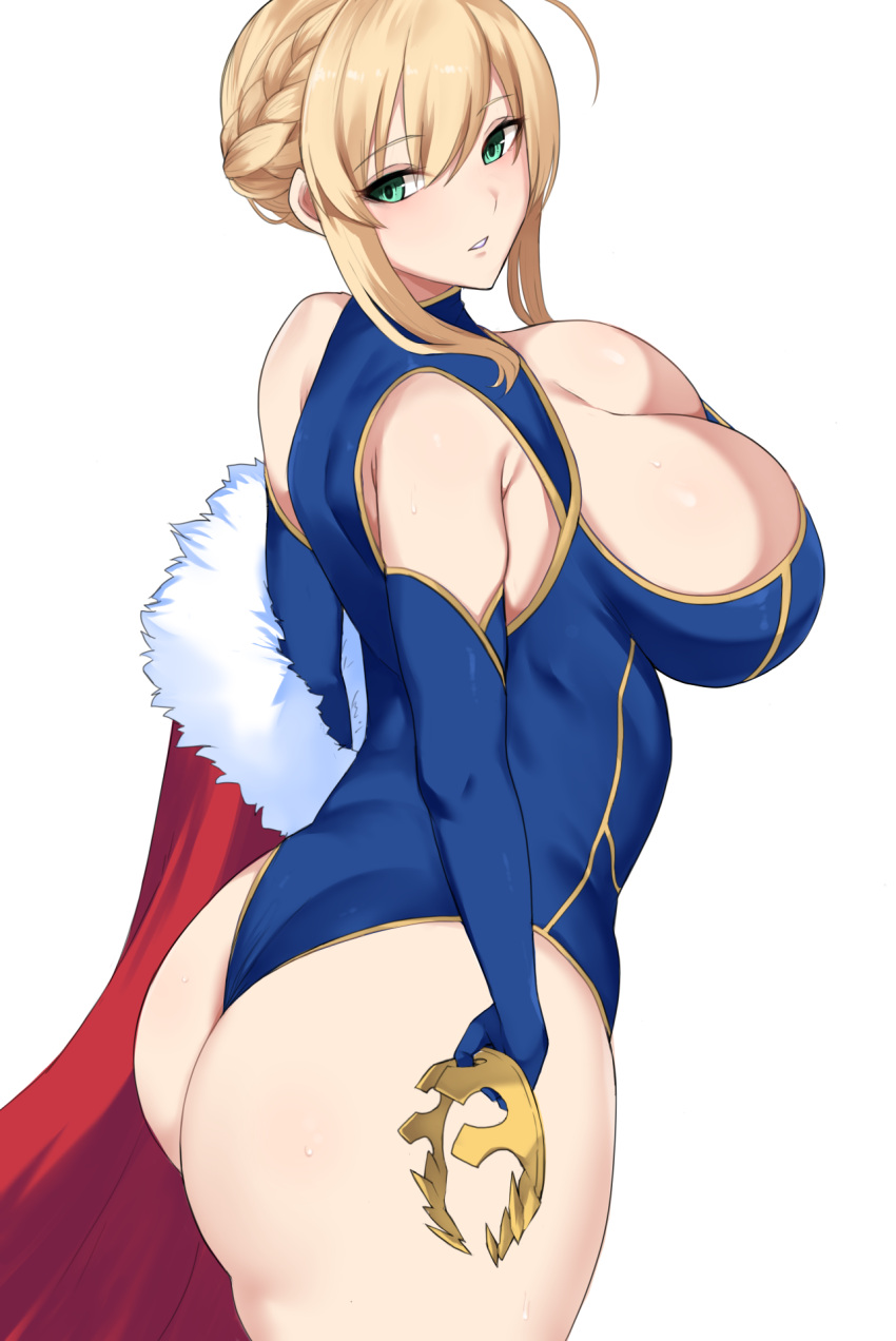 artoria_pendragon_(all) artoria_pendragon_(lancer)_(fate) ass bangs bare_shoulders blonde_hair blue_leotard braid breasts cape cleavage coat crown crown_removed curvy detached_sleeves elbow_gloves erimiko eyebrows_visible_through_hair fate/grand_order fate_(series) from_side fur-trimmed_coat fur_trim gloves green_eyes halter_top halterneck highres large_breasts leotard looking_to_the_side parted_lips plump shiny shiny_skin skin_tight skindentation swept_bangs thick_thighs thighs