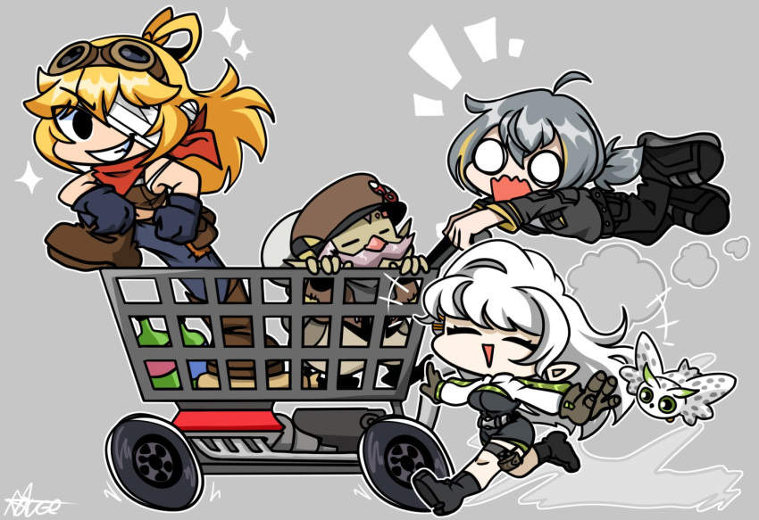 1boy 3girls ^_^ bandaged_head bandages bird black_gloves blonde_hair bottle breasts brown_headwear chibi closed_eyes dark-skinned_male dark_skin dust english_commentary facial_hair flying friday_night_funkin' gloves goggles goggles_on_head grey_background grey_hair hair_ornament hairclip hololive hololive_english in_shopping_cart looking_to_the_side medium_breasts multicolored_hair multiple_girls mustache mythbreakers_(hololive_english) one_eye_covered open_mouth owl parody pointy_ears red_scarf running scarf scout_(mythbreakers) shopping_cart smile streaked_hair style_parody thegreatrouge tiara_(mythbreakers) uhu_(mythbreakers) watoto_(mythbreakers) white_hair world_of_darkness yuul_b_alwright_(mythbreakers)