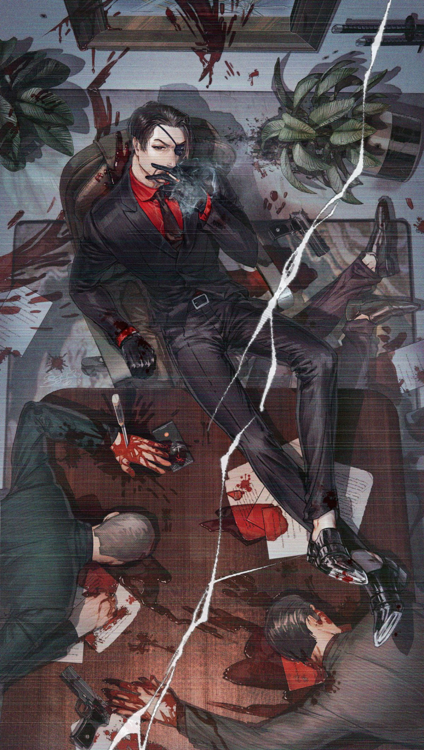 4boys after_battle black_eyepatch black_hair black_neckwear blood blood_on_face blood_on_shoes blood_on_wall bloody_hands bloody_paper brown_eyes chair cigarette crossed_legs eyepatch formal gun handgun highres jiao_mao legs_up looking_at_viewer looking_up majima_gorou multiple_boys necktie paper pistol red_shirt ryuu_ga_gotoku ryuu_ga_gotoku_4 shirt sitting smoke smoke_trail weapon