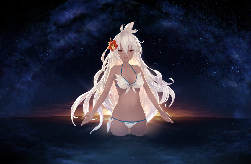 bikini blonde_hair breasts cait cleavage dark_skin granblue_fantasy navel red_eyes sky stars swimsuit water zooey_(granblue_fantasy)