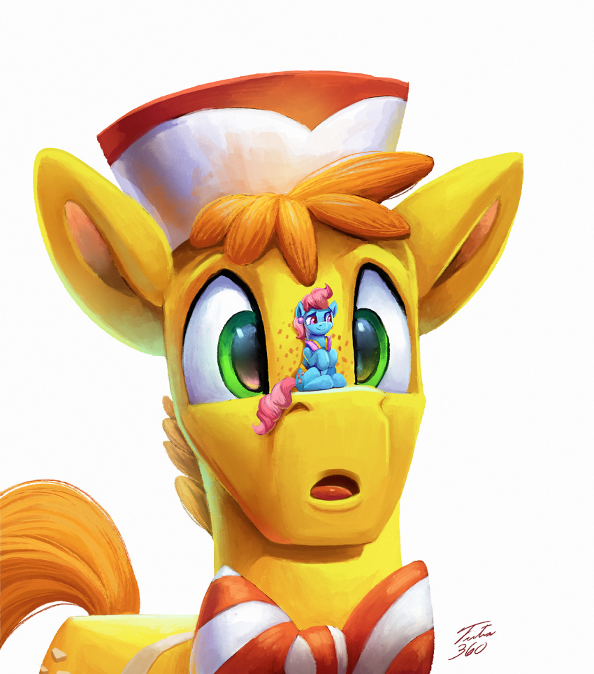 2021 apron blue_body blue_fur clothing duo equid equine female freckles friendship_is_magic fur green_eyes hair hat headgear headwear hi_res horse male mammal mr._cake_(mlp) mrs._cake_(mlp) my_little_pony on_nose open_mouth orange_hair pony purple_eyes sitting tsitra360 yellow_body yellow_fur