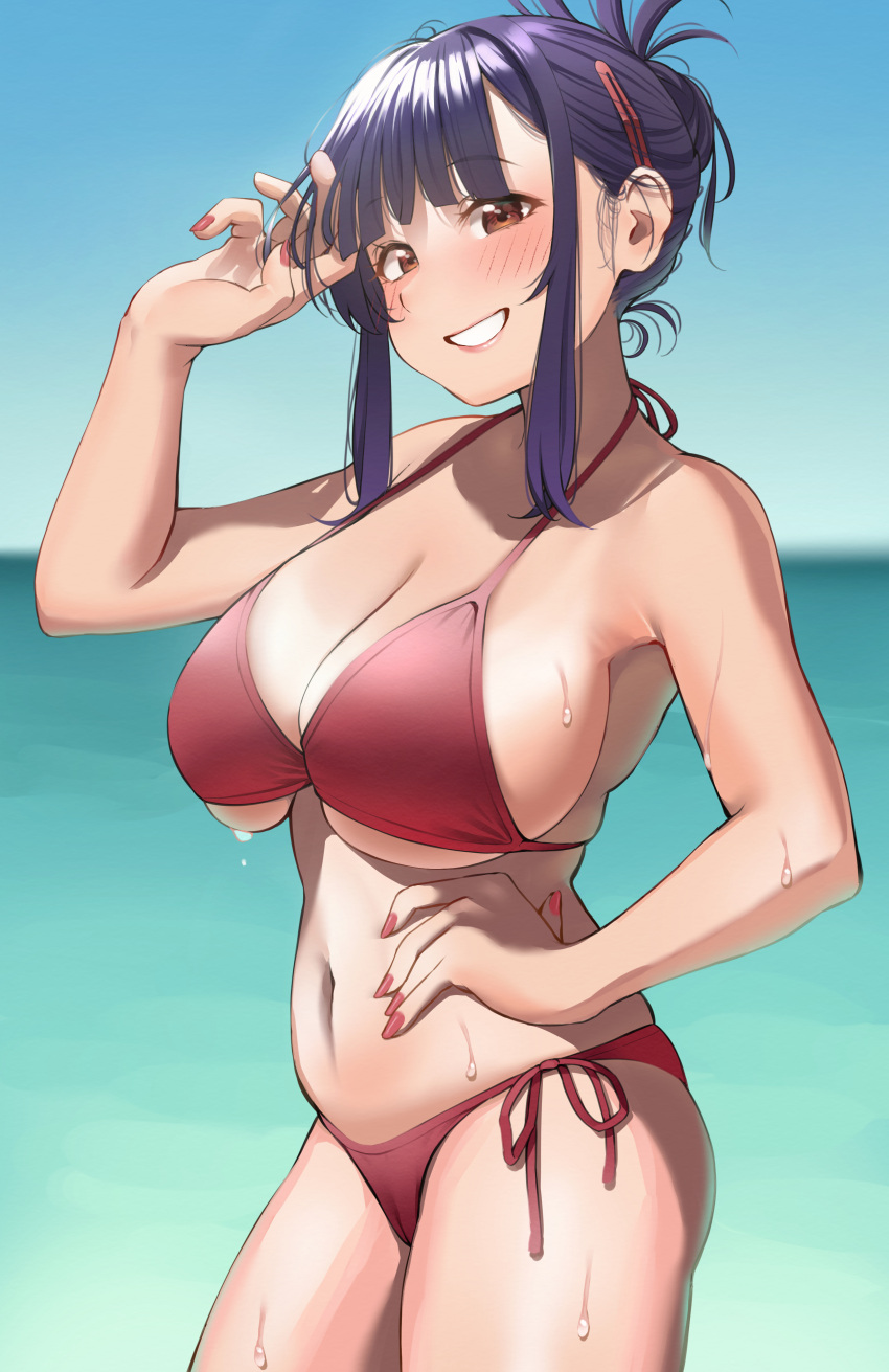 1girl absurdres bangs bikini blue_sky blunt_bangs breasts brown_eyes clenched_teeth day elder_cousin_(igarashi_kyouhei) eyebrows_visible_through_hair fingernails halterneck hand_on_hip highres igarashi_kyouhei large_breasts looking_at_viewer nail_polish ocean original outdoors purple_hair red_bikini red_nails short_hair side-tie_bikini sky smile solo string_bikini swimsuit teeth wet