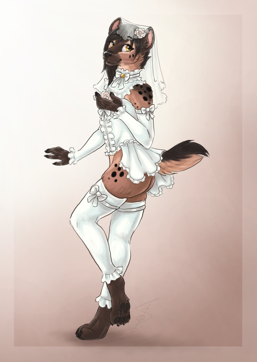 accessory anthro bridal_lingerie butt clothed clothing crossdressing flower flower_in_hair fur girly hair hair_accessory hi_res hyaenid legwear lingerie male mammal plant s00t simple_background solo spotted_hyena stockings wedding_veil
