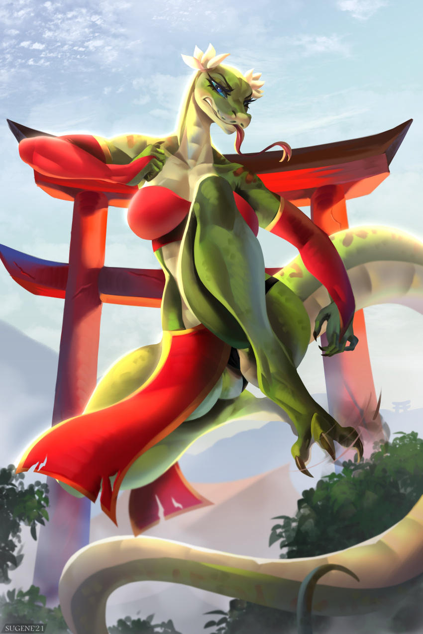 3_toes absurd_res angry anthro blue_eyes breasts camel_toe claws clothing cloud dreamworks feet female forked_tongue green_body green_scales hi_res jumping kick kung_fu_panda long_tongue looking_at_viewer master_viper non-mammal_breasts outside plant reptile scales scalie sky snake solo sukiskuki toe_claws toes tongue tongue_out tree underwear upskirt