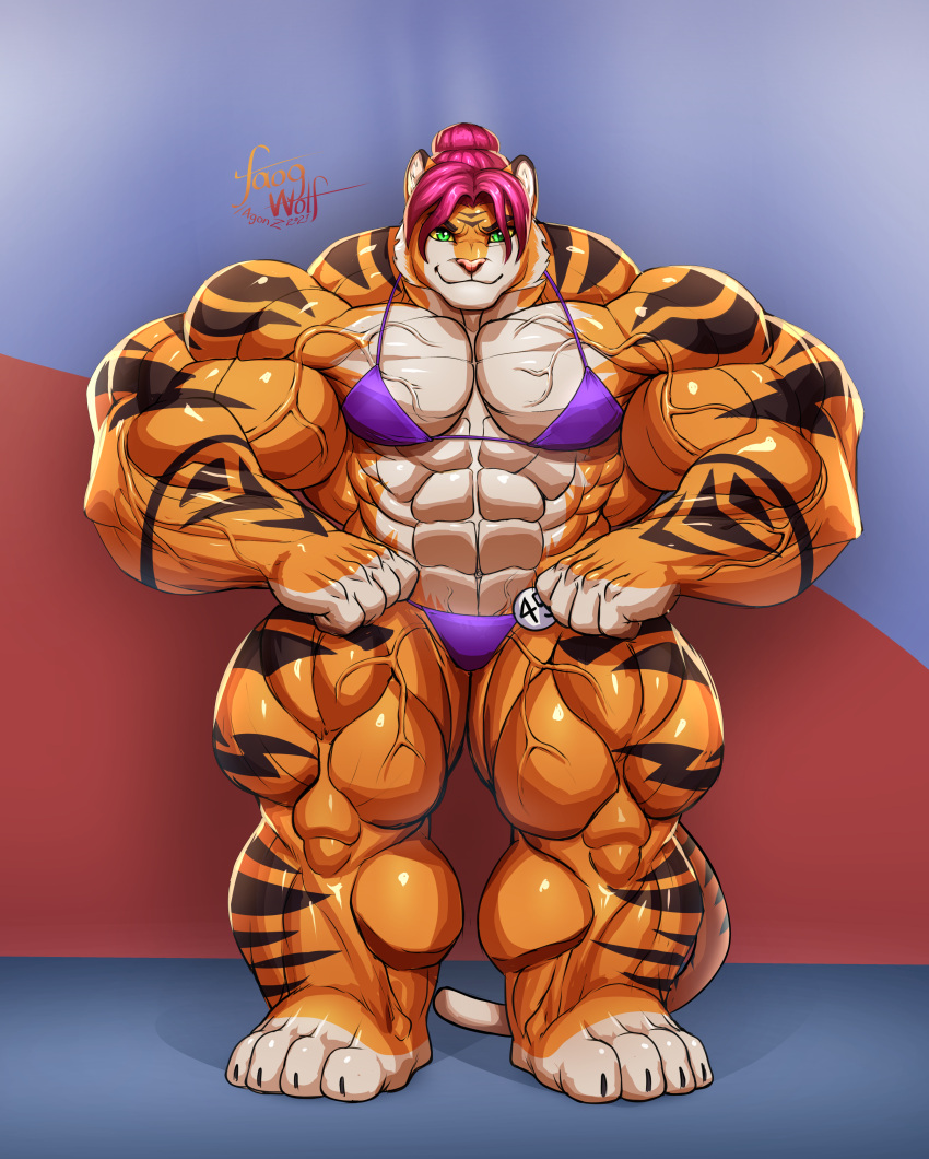 abs absurd_res anthro biceps big_muscles bikini clothing confident faogwolf felid female forearms hair hi_res huge_muscles humanoid hyper hyper_muscles mammal markings muscular oily pantherine pecs pink_hair pose smile smiling_at_viewer solo stage standing stripes swimwear tattoo thick_limbs thick_thighs tiger trapezius vein