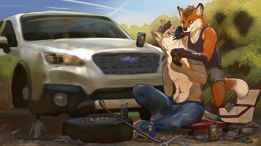16:9 2021 5_fingers absurd_res anthro blindcoyote clothed clothing day detailed_background digital_media_(artwork) duo fingers hi_res male outside prybar sky smile subaru wd40 widescreen