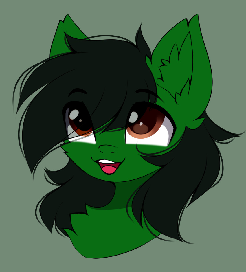 2021 absurd_res airiniblock ambiguous_gender black_hair brown_eyes bust_portrait equid equine fan_character feral front_view fur green_background green_body green_fur green_inner_ear_fluff hair hasbro hi_res horse inner_ear_fluff kendall_wilson_(oc) mammal my_little_pony open_mouth pony portrait quadruped simple_background solo teeth tongue tuft