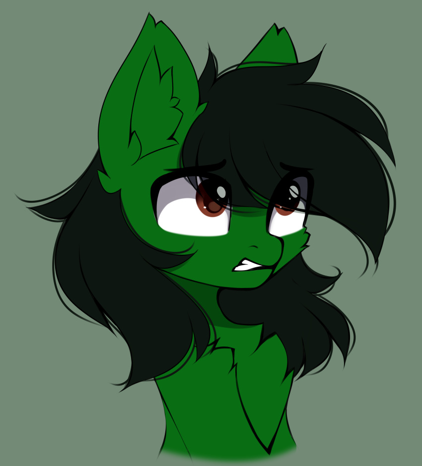 2021 absurd_res airiniblock ambiguous_gender black_hair brown_eyes bust_portrait equid equine fan_character feral fur green_background green_body green_fur green_inner_ear_fluff hair hasbro hi_res horse inner_ear_fluff kendall_wilson_(oc) mammal my_little_pony pony portrait quadruped simple_background solo teeth tuft