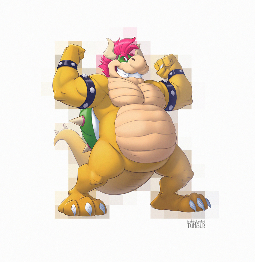 2016 2_horns 3_toes 4_fingers anthro armband belly belly_scales biceps big_belly biped bowser bracelet claws countershade_face countershade_scales countershade_torso countershading digital_media_(artwork) eyebrows fangs featureless_crotch feet finger_claws fingers flexing full-length_portrait furrybob green_body green_scales grin hair hi_res horn jewelry koopa looking_at_viewer male mario_bros multicolored_body multicolored_scales musclegut muscular muscular_anthro muscular_male nintendo nude overweight overweight_anthro overweight_male pecs pink_eyebrows pink_hair plantigrade portrait quads red_eyes reptile scales scalie shaded sharp_teeth shell signature simple_background smile smiling_at_viewer solo spiked_shell spiked_tail spikes spikes_(anatomy) standing tan_body tan_countershading tan_scales teeth toe_claws toes triceps video_games white_background white_claws yellow_body yellow_scales