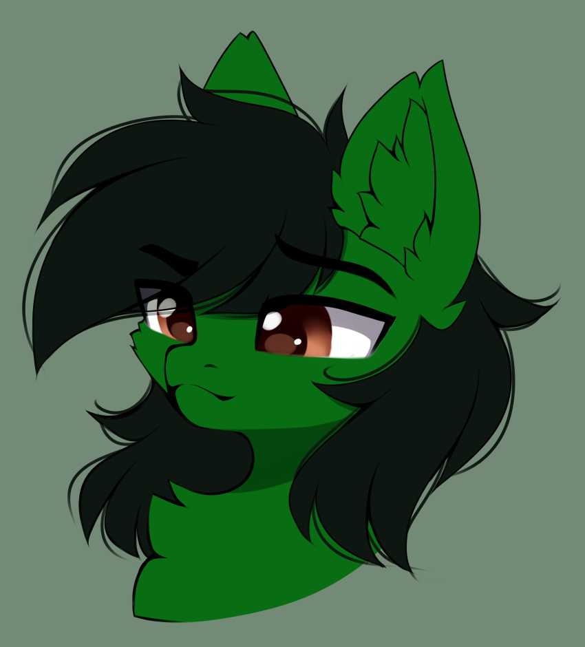 2021 absurd_res airiniblock ambiguous_gender black_hair brown_eyes bust_portrait equid equine fan_character feral fur green_background green_body green_fur green_inner_ear_fluff hair hasbro hi_res horse inner_ear_fluff kendall_wilson_(oc) mammal my_little_pony pony portrait quadruped simple_background solo tuft