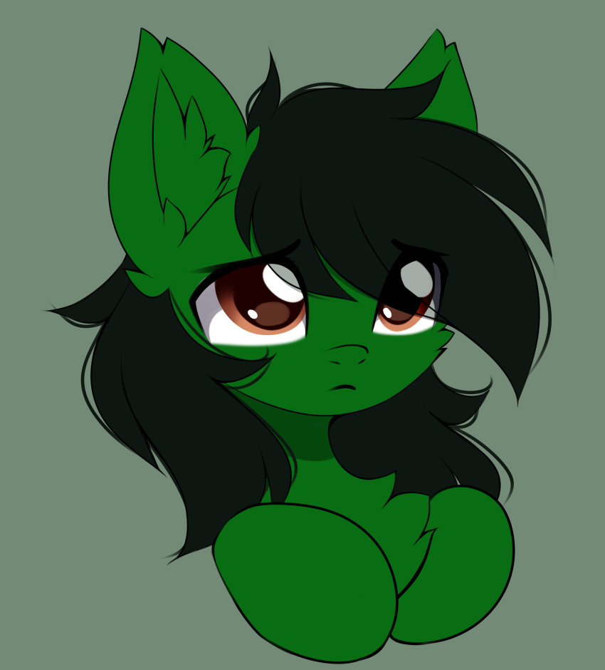 2021 absurd_res airiniblock ambiguous_gender black_hair brown_eyes bust_portrait equid equine fan_character feral fur green_background green_body green_fur green_inner_ear_fluff hair hasbro hi_res horse inner_ear_fluff kendall_wilson_(oc) mammal my_little_pony pony portrait quadruped simple_background solo tuft