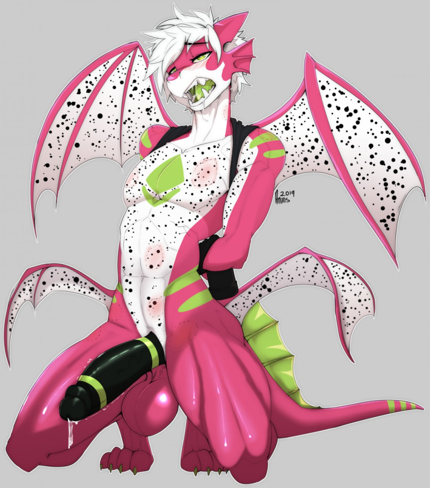 4_toes 4_wings abs anixis anthro balls big_balls big_penis bite_mark black_penis blush bodily_fluids claws conditional_dnp dragon dragon_fruit fangs feet food frill_(anatomy) fruit fruit_dragon genital_fluids genitals green_eyes green_stripes green_tongue hair hands_behind_back hi_res humanoid_genitalia humanoid_penis kneeling looking_at_viewer male multi_wing muscular_thighs open_mouth penis pink_body pitt_(organization1337) plant precum reptile scalie solo stripes tail_frill toes tongue western_dragon white_hair wings