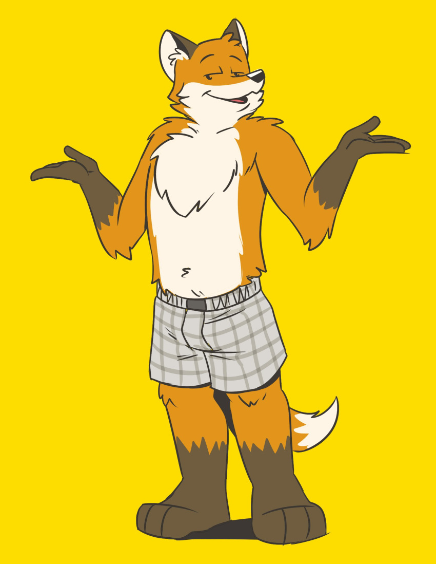 anthro barefoot black_nose brown_body brown_fur canid canine clothed clothing feet fox fur grey_boxers heyitscousindave hi_res male mammal open_mouth orange_body orange_fur plaid_boxers sadow simple_background solo tongue_showing topless underwear underwear_only white_body white_fur yellow_background