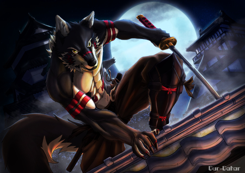 absurd_res anthro canid canine canis claws digital_media_(artwork) full_moon fur gur-gahar gur_(gur-gahar) hi_res japanese katana leg_armor light looking_at_viewer male mammal melee_weapon moon moonlight on_roof red_tattoo rooftop solo sword tattoo weapon white_body wolf yellow_eyes