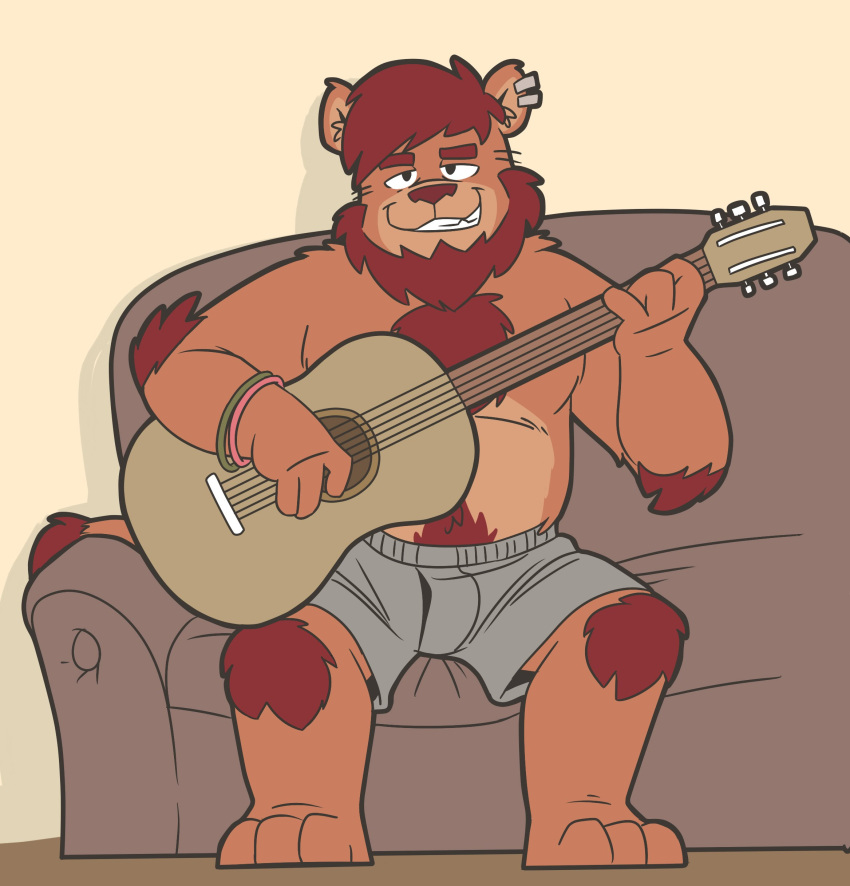 absurd_res anthro barefoot beard body_hair boxers_(clothing) chest_hair clothed clothing ear_piercing emorottie facial_hair feet fur furniture grey_boxers guitar heyitscousindave hi_res inside male musical_instrument open_mouth orange_body orange_fur piercing plucked_string_instrument red_body red_fur red_nose shadow smile sofa solo string_instrument teeth_showing topless underwear underwear_only