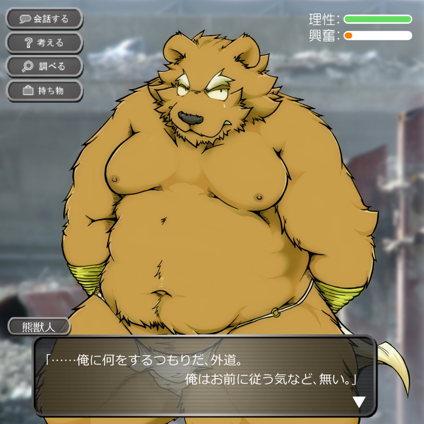 1:1 2014 anthro asian_clothing belly blush bodily_fluids bound brown_body brown_fur clothing east_asian_clothing fundoshi fur genitals hands_tied hi_res japanese_clothing japanese_text kemono male mammal moobs navel nipples overweight overweight_anthro overweight_male solo suishou0602 sweat text underwear ursid