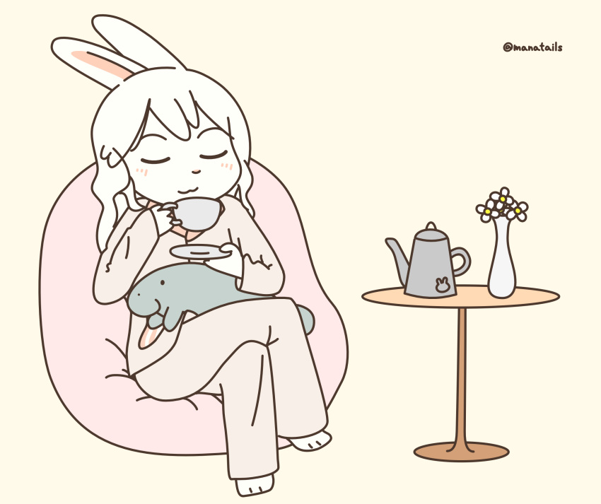 anthro bean_bag cup female flower flower_pot furniture hi_res kettle lagomorph leporid mammal manatails manatee marine plant rabbit sirenian solo table