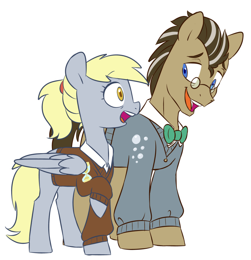 absurd_res aged_up blonde_hair bow_tie clothed clothing cutie_mark derpy_hooves_(mlp) digital_media_(artwork) doctor_whooves_(mlp) doodle-mark duo earth_pony equid equine eyewear feathered_wings feathers female feral friendship_is_magic fur glasses grey_body grey_feathers hair hasbro hi_res horn horse male mammal my_little_pony pegasus pony simple_background sweater sweater_vest topwear unicorn vest white_background wings