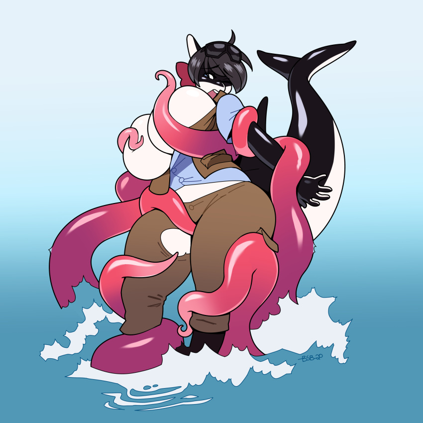 1:1 2020 absurd_res anthro big_breasts blackshirtboy bottomwear breasts cetacean clothing delphinoid eyes_closed eyewear female hair hi_res mammal marine oceanic_dolphin orca pants shirt short_hair simple_background solo sunglasses tentacles toothed_whale topwear torn_clothing