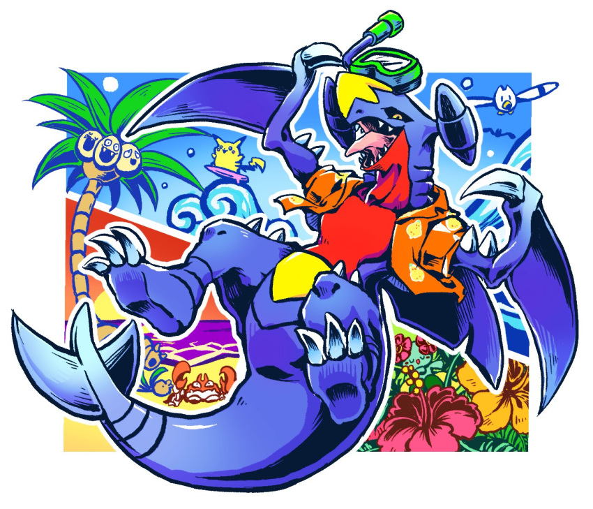 alolan_exeggutor ambiguous_gender beach beach_style_garchomp blue_body claws clothed clothing feet feral flower garchomp group hi_res hibiscus male_(lore) mizumizuame0 nintendo open_clothing open_mouth open_shirt open_topwear pikachu plant pok&eacute;mon pok&eacute;mon_(species) pokemon_unite red_body regional_form_(pok&eacute;mon) scalie seaside shirt sleeveless_shirt snorkel solo spikes sunset surfboard surfing teeth thick_tail tongue tongue_out topwear video_games wave wingull