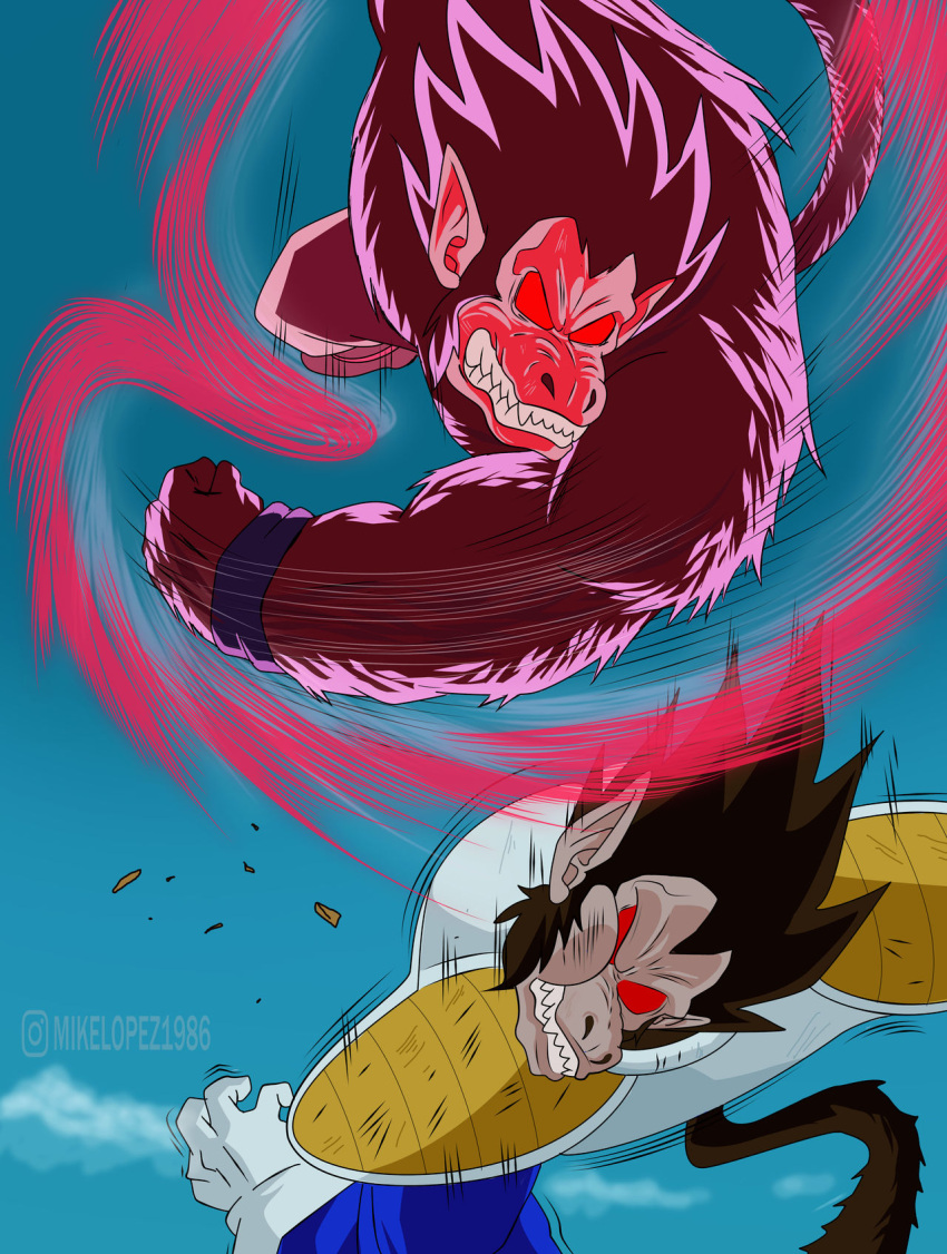 2021 5_fingers anthro armor clenched_teeth cloud dragon_ball dragon_ball_z duo fight fingers goku hi_res male mammal mikelopez oozaru outside primate punch red_eyes redraw signature sky teeth vegeta