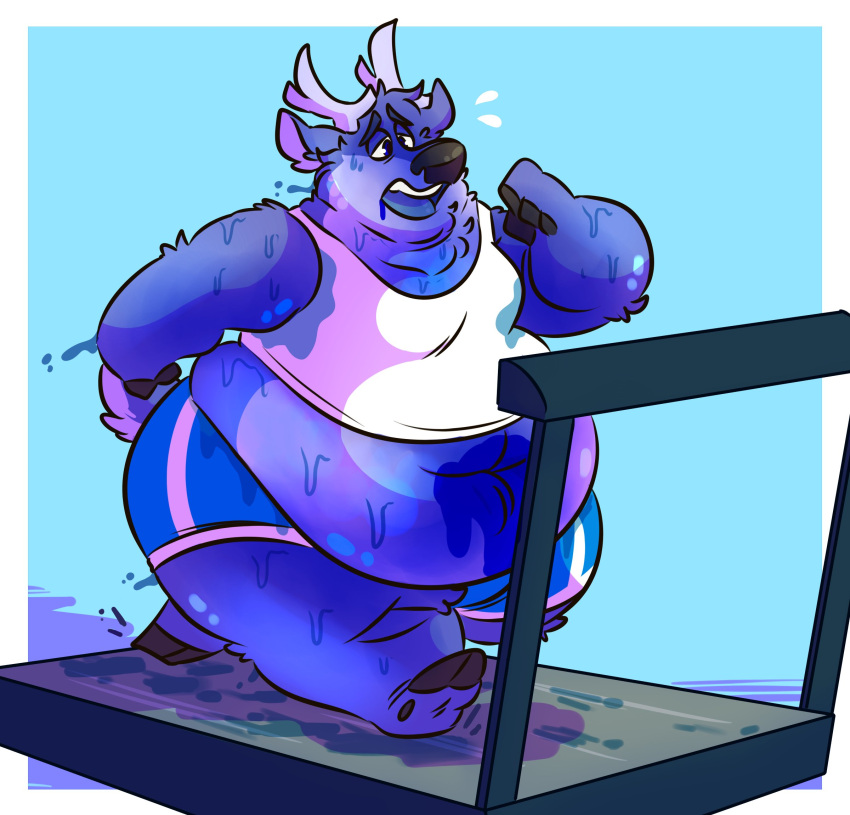 anthro antlers belly belly_overhang blue_background blue_body blue_fur bodily_fluids cervid clothing exercise fur hi_res horn male mammal navel obese obese_anthro obese_male overweight overweight_anthro overweight_male shirt simple_background solo sweat syc tank_top topwear treadmill