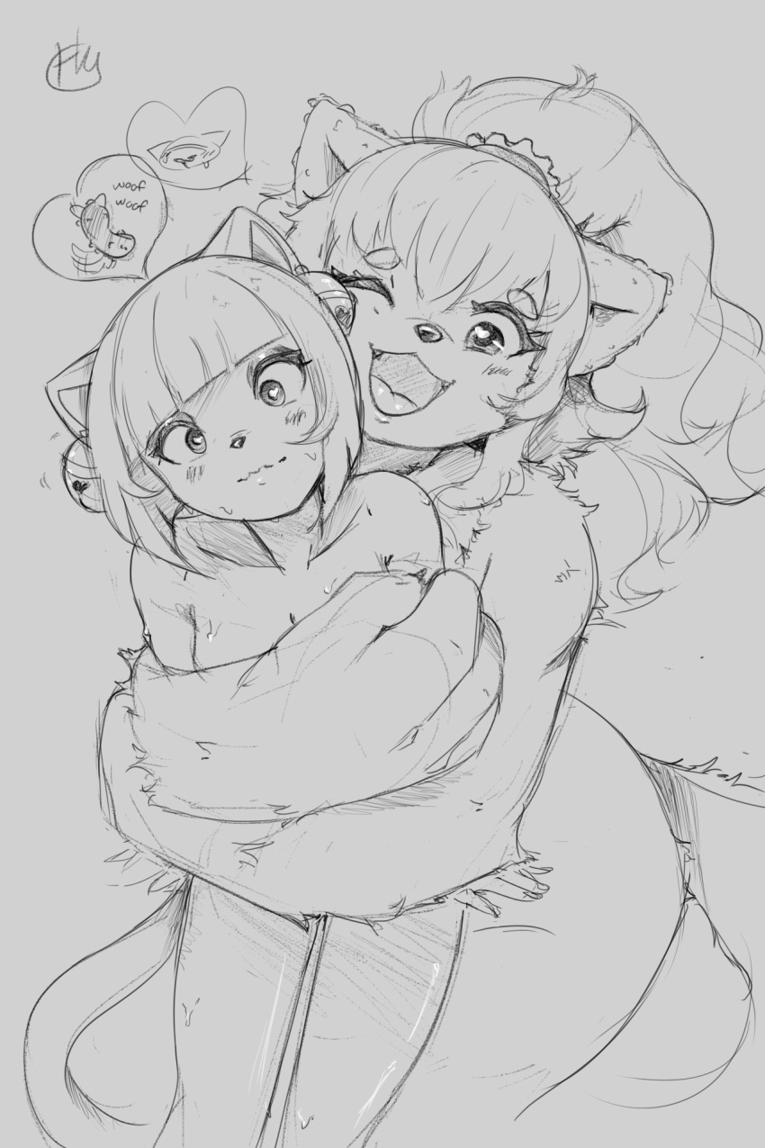 2021 anthro bell blush breasts canid canine canis chimiko cute_fangs domestic_cat domestic_dog duo felid feline felis female female/female grey_background hair hawtmoon hi_res hug hugging_from_behind mammal monochrome nude one_eye_closed open_mouth ponytail simple_background smile surprise