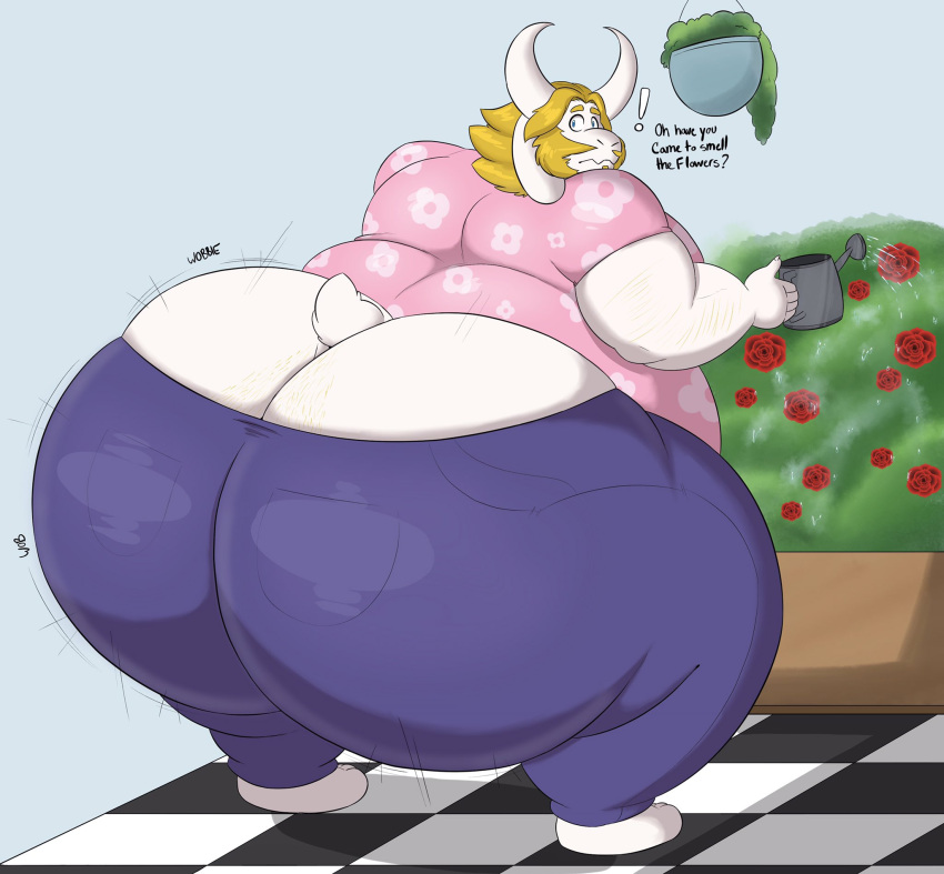 anthro asgore_dreemurr beard big_butt blonde_hair boss_monster bottomwear bovid butt caprine clothing digital_drawing_(artwork) digital_media_(artwork) facial_hair fur glistening glistening_clothing glistening_hair goat hair hi_res horn huge_butt hyper hyper_butt looking_back male mammal megacoolbear_(artist) obese obese_anthro obese_male overweight overweight_anthro overweight_male pants pink_clothing pink_shirt pink_topwear plant shaded shirt solo standing topwear undertale video_games watering_can white_body white_fur