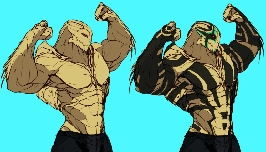abs alien alien_humanoid biceps big_muscles black_markings bottomwear clothed clothing cyan_background digital_drawing_(artwork) digital_media_(artwork) flat_colors flexing green_markings half-length_portrait humanoid looking_at_viewer male markings mass_effect model_sheet multicolored_body muscular muscular_humanoid muscular_male not_furry pants pecs portrait relay314 simple_background solo standing tan_body topless triceps turian two_tone_body video_games widescreen xern_polito