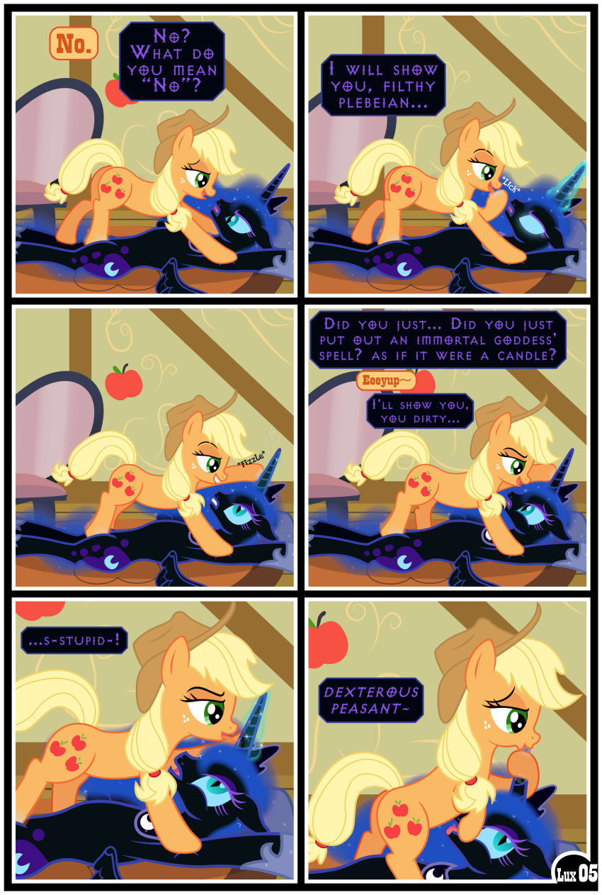 absurd_res applejack_(mlp) black_body blonde_hair blue_eyes bodily_fluids comic cutie_mark detailed_background dialogue dominant dominant_female earth_pony english_text equid equine female female/female feral foot_fetish foot_play footjob freckles friendship_is_magic genital_fluids green_eyes gutovi-kun hair hasbro hi_res hoofjob hooves horn horn_fetish horn_grab horn_in_mouth horn_lick horn_play horn_sex horn_suck hornjob horse licking lying magic mammal my_little_pony nightmare_moon_(mlp) on_back orange_body pinned pony pussy_juice sex sucking text tongue tongue_out vaginal winged_unicorn wings