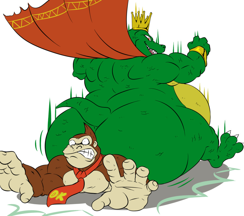 2018 3_toes 5_fingers anthro ape back_muscles belly biceps big_belly big_butt biped bracelet butt cape cape_only claws clothing crocodile crocodilian crocodylid crown digital_media_(artwork) donkey_kong_(character) donkey_kong_(series) duo falling fangs feet fingers fist flat_colors green_body green_scales green_tail haplorhine hi_res huge_butt huge_thighs jewelry king king_k._rool kremling male mammal mostly_nude motion_blur motion_lines musclegut muscular muscular_anthro muscular_male necktie nintendo obese obese_anthro obese_male open_mouth open_smile overweight overweight_anthro overweight_male pecs pink_tongue plantigrade primate reagan700 red_eyes reptile royalty scales scalie shadow sharp_teeth simple_background size_difference smile snout teeth thick_thighs toe_claws toes tongue triceps video_games white_background white_claws wide_hips