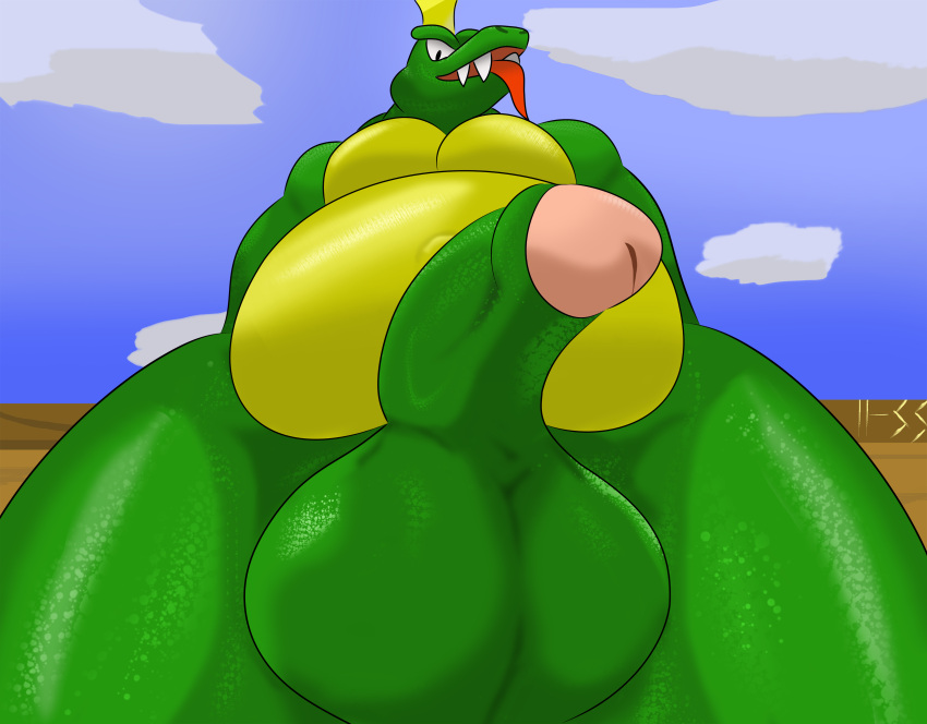 absurd_res anthro balls belly big_balls big_penis cloud crocodilian crown donkey_kong_(series) genitals glistening glistening_body green_body hi_res king_k._rool kremling ll-ss looking_at_viewer looking_down low-angle_view male musclegut nintendo overweight overweight_anthro overweight_male pecs penis reptile scalie sharp_teeth signature solo teeth tongue tongue_out video_games worm's-eye_view