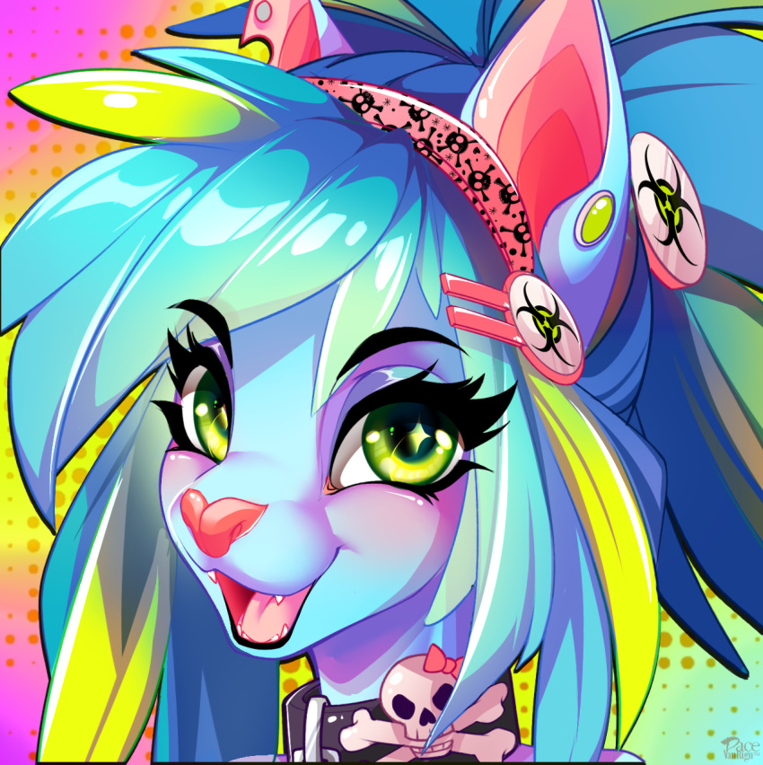 2019 blue_hair digital_media_(artwork) ear_piercing ear_ring felid feline green_eyes hair hi_res looking_at_viewer mammal open_mouth pacevanrign piercing smile teeth tongue