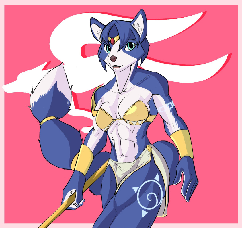 abs anthro blue_body blue_eyes blue_fur blue_hair breasts canid canine cleavage clothed clothing f_draws female fingers fox fur hair hi_res krystal mammal markings multicolored_body multicolored_fur muscular muscular_anthro muscular_female nintendo open_mouth pink_background portrait simple_background skimpy solo standing star_fox three-quarter_portrait two_tone_body two_tone_fur video_games white_body white_fur
