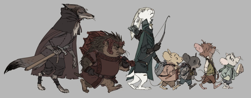 anthro aragorn_ii_elessar armor arrow bottomwear bow_(weapon) brown_body brown_fur canid canine cheese cloak clothing dairy_products digitigrade eating eulipotyphlan food fox frodo_baggins fur gimli_(tolkien) glare group hammer hedgehog j._r._r._tolkien lagomorph legolas leporid looking_back male mammal melee_weapon middle-earth_(tolkien) mouse murid murine pants quiver rabbit ranged_weapon rodent samwise_gamgee sword the_lord_of_the_rings tools unknown_artist walking weapon whiskers white_body white_fur