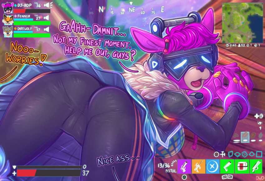 2021 absurd_res alpaca anthro breasts butt camelid clothing dimwitdog dj_bop english_text epic_games female fortnite fur gameplay_mechanics genitals gloves handwear health_bar hi_res lying mammal map on_front pink_body pink_fur pussy solo text video_games visor