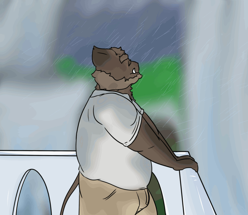 2020 animated anthro arm_support balcony beard belly bottomwear brown_body brown_fur bulge clothing custardalvis eyewear facial_hair fur glasses half-length_portrait hi_res jehu_(sihai's_legacy) khakis long_tail looking_up male mammal outside overweight overweight_male pants portrait raining rolled_sleeves scar shirt short_ears short_playtime side_view sihai's_legacy solo standing suid suina sus_(pig) topwear tusks wet wet_clothing wet_shirt wet_topwear wild_boar