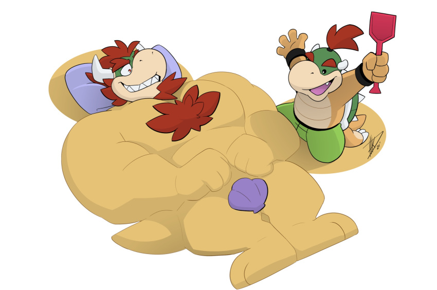 2021 anthro beard bivalve body_hair bowser bowser_day bowser_jr. chest_hair clam clothing convenient_censorship dot_eyes duo facial_hair father father_and_child father_and_son hair hi_res hikazedragon horn humanoid_hands koopa lying male marine mario_bros mollusk musclegut nintendo parent parent_and_child pillow red_hair sand scalie son swimwear video_games