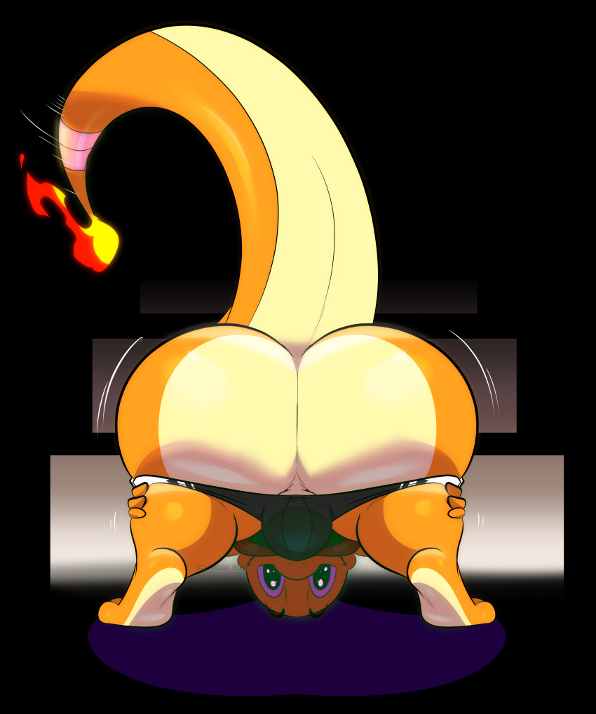 absurd_res anthro bent_over big_butt black_background butt charmander clothing fan_character fire flaming_tail genital_outline hadou hi_res huge_butt looking_at_viewer male nintendo orange_body overweight pok&eacute;mon pok&eacute;mon_(species) presenting presenting_hindquarters raised_tail satsui-n0-had0u simple_background solo underwear underwear_down video_games wide_hips