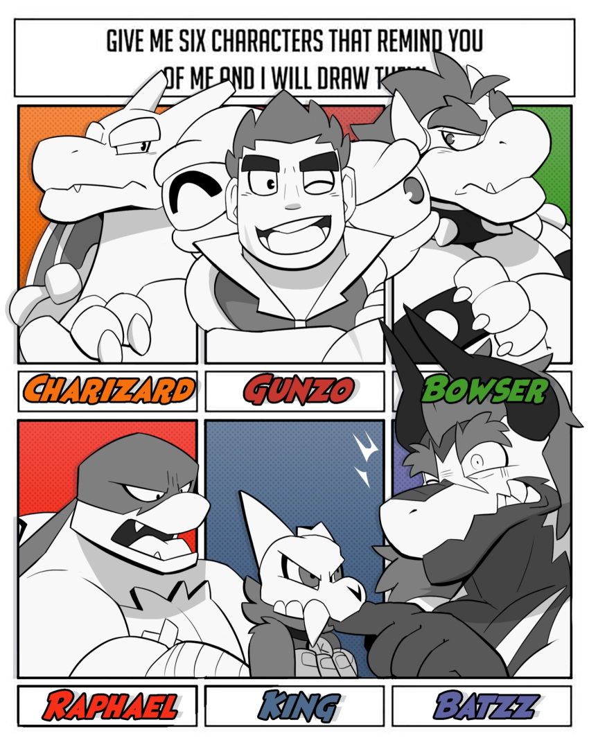 anthro armband bite bone bowser canid canine charizard clothing collar crossed_arms demon demon_lord_dragon_batzz disney dragon eyebrows future_card_buddyfight group gunzo hair hi_res hikazedragon horn human king_(the_owl_house) koopa male mammal mario_bros mask meme nintendo one_eye_closed open_mouth pok&eacute;mon pok&eacute;mon_(species) raphael_(tmnt) reptile scalie six_fanarts_challenge skull skull_mask spiked_armband spiked_collar spikes teenage_mutant_ninja_turtles teeth the_owl_house turtle video_games