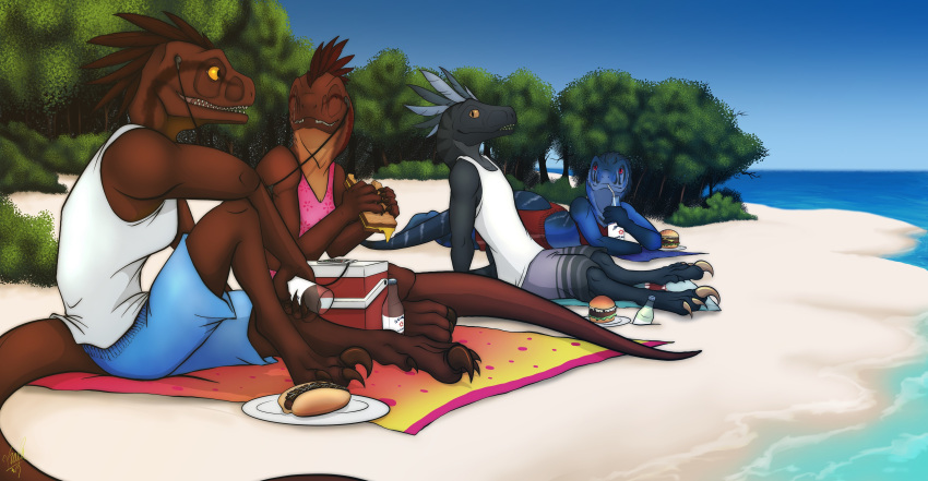 abelisaurid abelisaurus absurd_res anthro azula_schantz beach beachwear bottled_water burger clothing cooler dinosaur dromaeosaurid female food group hi_res hot_dog male male/female neonneodragon reptile sandwich_(disambiguation) scalie seaside shaaux_kautner swimwear theropod towel tropical tyrannosaurid utahraptor vacation velociraptor zahra_borngen zarin_kohler