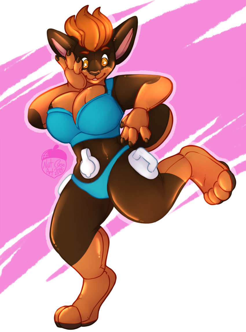2018 anthro belly_valve big_breasts blue_clothing blue_topwear blue_underwear blush blush_lines breasts brown_body brown_claws brown_ears brown_nose brown_pawpads canid canine canis claws clothing daniel156161_(character) dobermann domestic_dog erika_(daniel156161) female front_view glistening glistening_body hair hand_on_head handle hi_res inflatable mammal nut-case on_one_leg open_mouth orange_body orange_eyes orange_hair orange_paws pawpads pink_background pinscher pool_toy rubber seam_(sewing) short_hair short_tail simple_background smile solo standing thick_tail topwear underwear